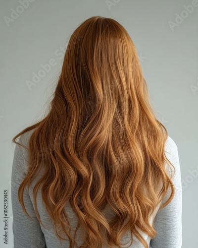 Woman with sleek, straight hair under soft studio lights, hand through hair, in professional beauty setting.