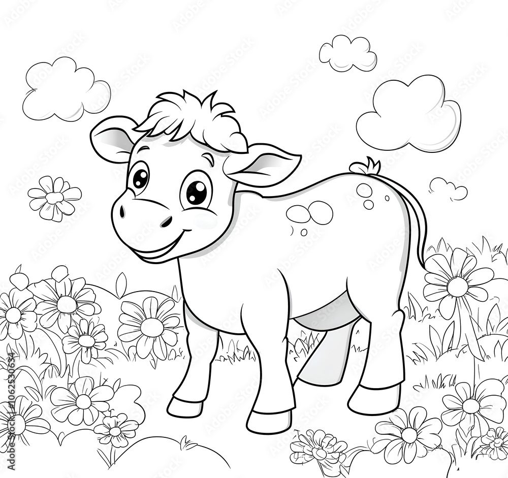 cute cartoon cow standing on the farm, a coloring page for kids with crisp lines and a white background cute cartoon cow standing on the farm, a coloring page for kids with crisp lines and a white background