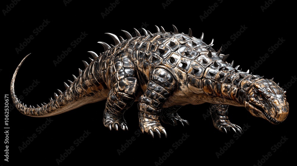 Obraz premium A metallic, spiky dinosaur-like creature with a long tail and sharp claws.