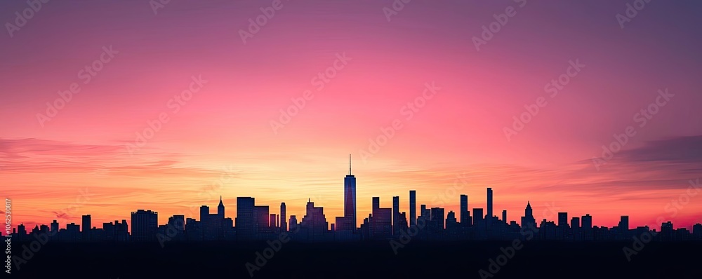 City skyline at sunset with vibrant colors and silhouetted buildings. City skyline at sunset with vibrant colors and silhouetted buildings.