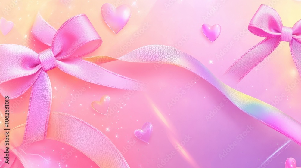 Pink Bow and Hearts on a Shimmering Background Pink Bow and Hearts on a Shimmering Background