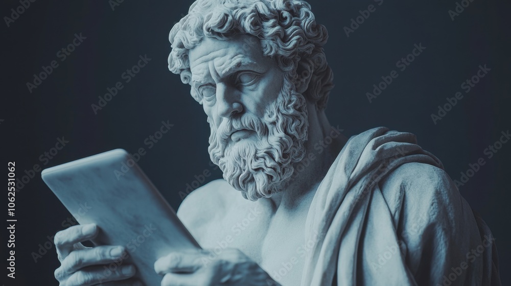 Greek marble statue of philosopher in contemplative pose, wearing sunglasses and holding tablet.