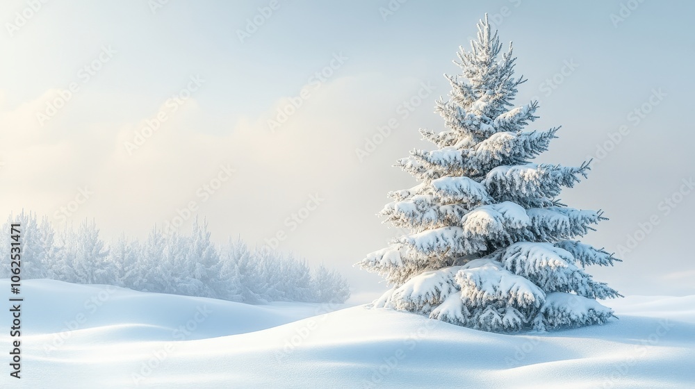 Isolated fir tree standing in a blanket of fresh snow, capturing the tranquil essence of winter Isolated fir tree standing in a blanket of fresh snow, capturing the tranquil essence of winter