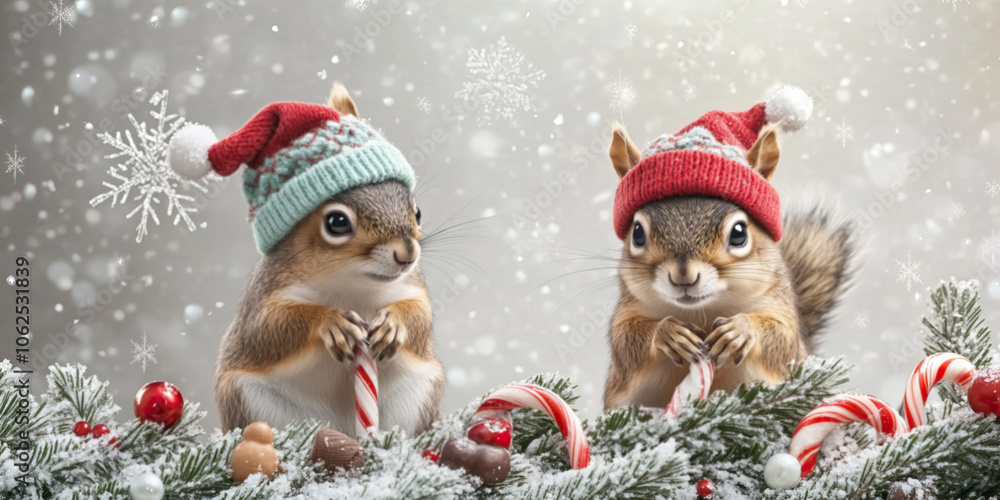 cute little squirrel couple wearing colorful hats, sitting on a Christmas tree branch with candy canes and small toys scattered around cute little squirrel couple wearing colorful hats, sitting on a Christmas tree branch with candy canes and small toys scattered around