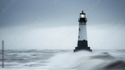 Lighthouse standing tall on a turbulent sea under a moody sky.