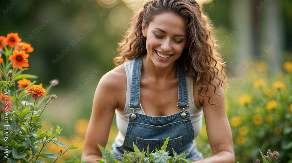 A beautiful young woman tending to her garden. She is smiling and wearing a pair of denim overalls. Long wavy brown hair. She is in her backyard. A beautiful young woman tending to her garden. She is smiling and wearing a pair of denim overalls. Long wavy brown hair. She is in her backyard.
