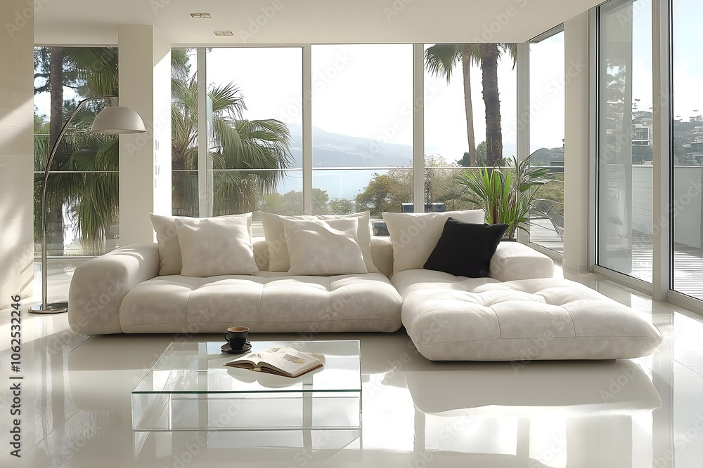 Modern living room with a cozy couch and stunning lake view in a bright, minimalist setting Modern living room with a cozy couch and stunning lake view in a bright, minimalist setting