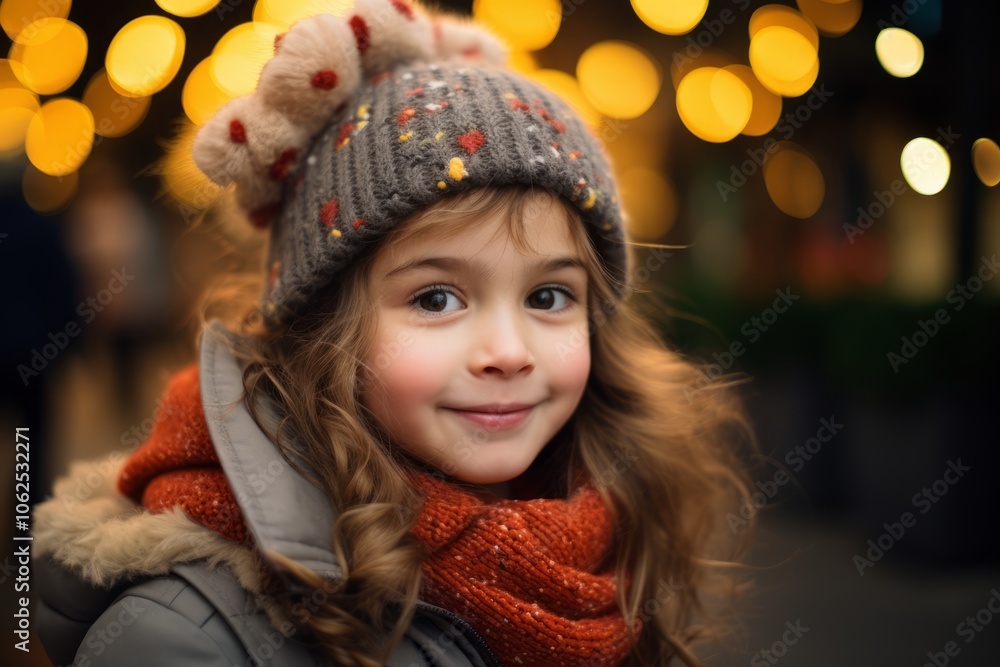 Portrait of a cute little girl in a hat and scarf on the background of Christmas lights. Portrait of a cute little girl in a hat and scarf on the background of Christmas lights.