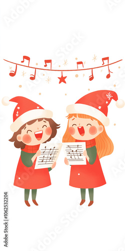 Chibi Christmas Carolers: Two girls singing with music sheets, blank top half.