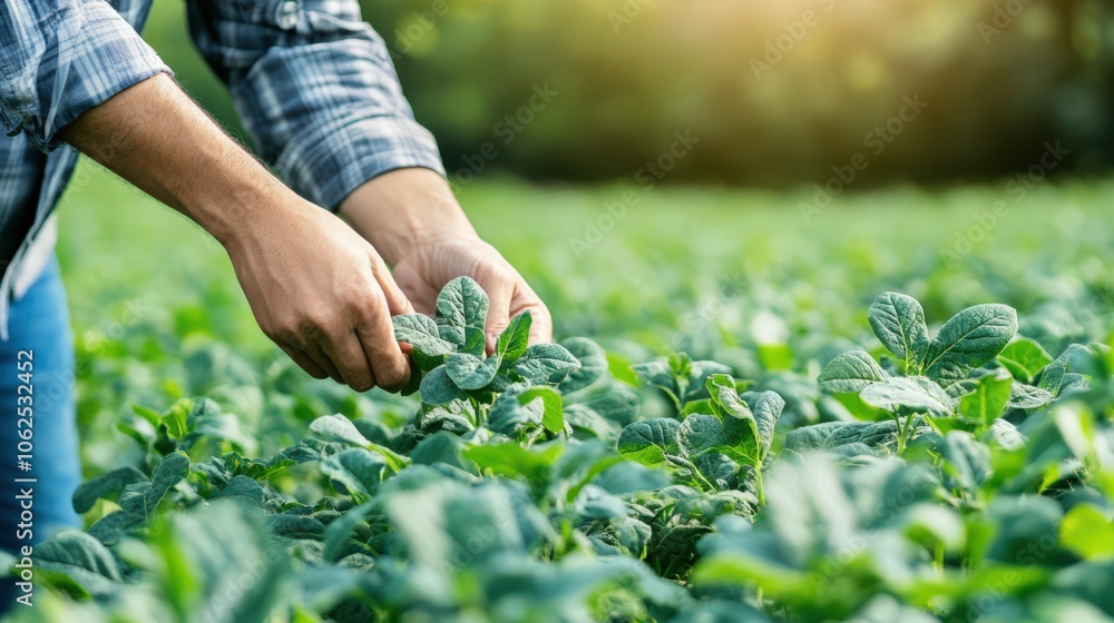 A person is picking up a leaf from a field of green plants A person is picking up a leaf from a field of green plants