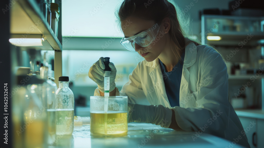A woman in a lab coat is working with a test tube A woman in a lab coat is working with a test tube