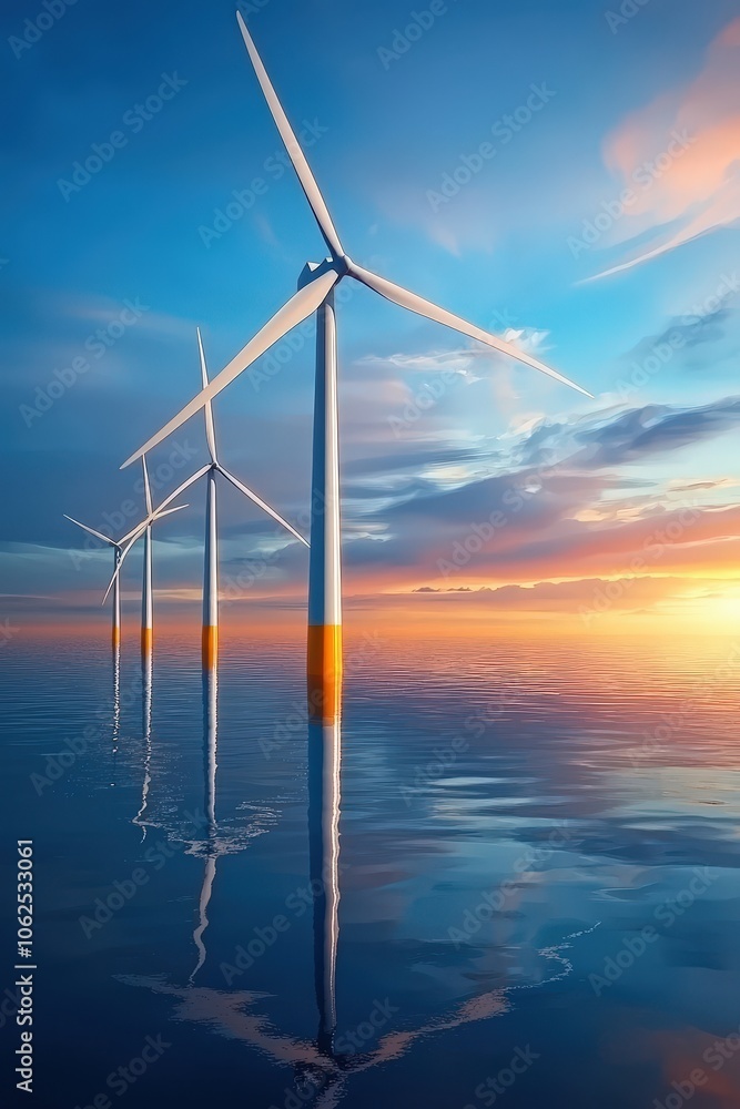 Wind Turbines in Ocean at Sunset Sky Wind Turbines in Ocean at Sunset Sky