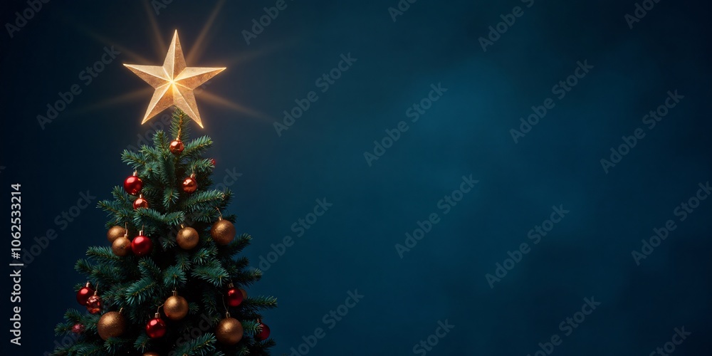 A decorated Christmas tree topper star shining brightly on the left, with a dark blue sky fading into a blank space for holiday messages on the right. A decorated Christmas tree topper star shining brightly on the left, with a dark blue sky fading into a blank space for holiday messages on the right.