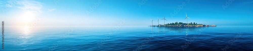 Tranquil Seascape with Wind Turbines and Island View Tranquil Seascape with Wind Turbines and Island View