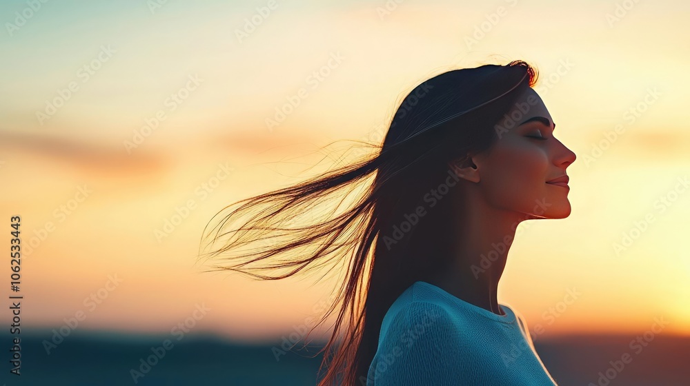 Woman enjoying a serene sunset, profile view with flowing hair against a colorful sky. Woman enjoying a serene sunset, profile view with flowing hair against a colorful sky.