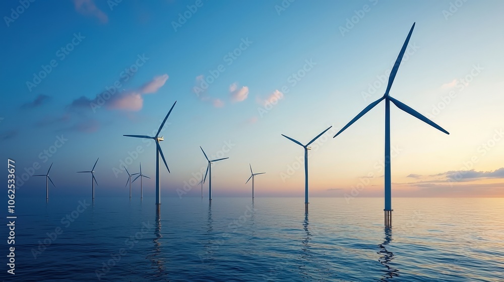 Tranquil Sunset over Wind Turbines at Sea Tranquil Sunset over Wind Turbines at Sea