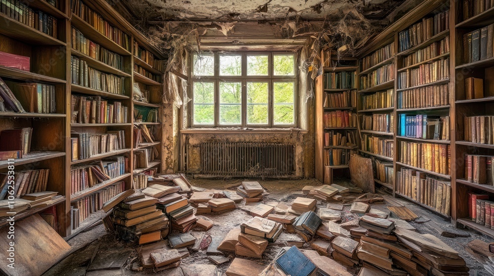 Obraz premium Abandoned library with books scattered on the floor.