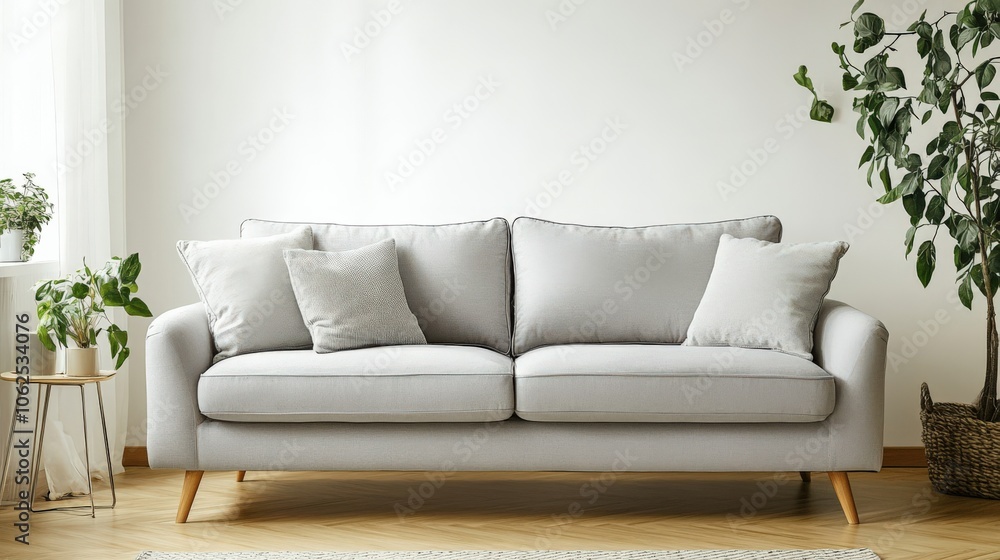 A large gray couch sits in a room with a potted plant and a few pillows A large gray couch sits in a room with a potted plant and a few pillows