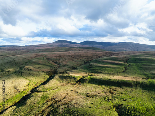 Farms over Black Mountain from a drone, Brecon Beacons National Park, Carmarthenshire, Wales, England photo