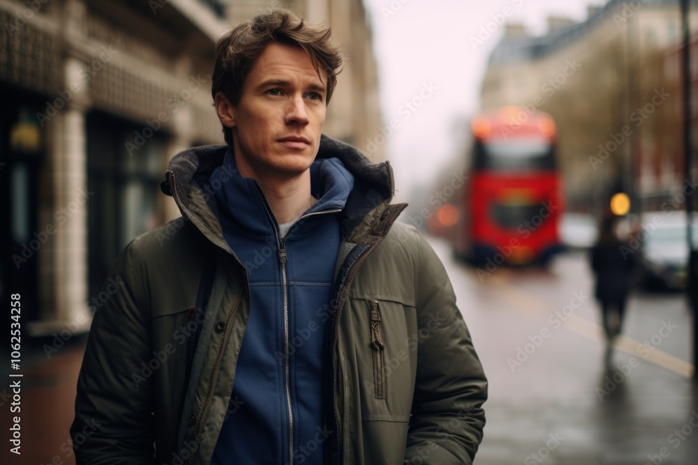 Handsome young man in a European city on a rainy day Handsome young man in a European city on a rainy day