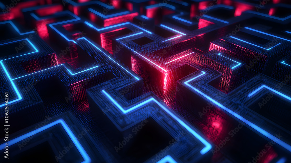 A mesmerizing maze of glowing blue and red lines illuminates a dark, textured surface. A mesmerizing maze of glowing blue and red lines illuminates a dark, textured surface.