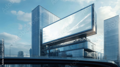 modern urban landscape featuring large, empty billboard on sleek glass building, surrounded by other skyscrapers. scene captures bright, clear sky, evoking sense of openness and potential