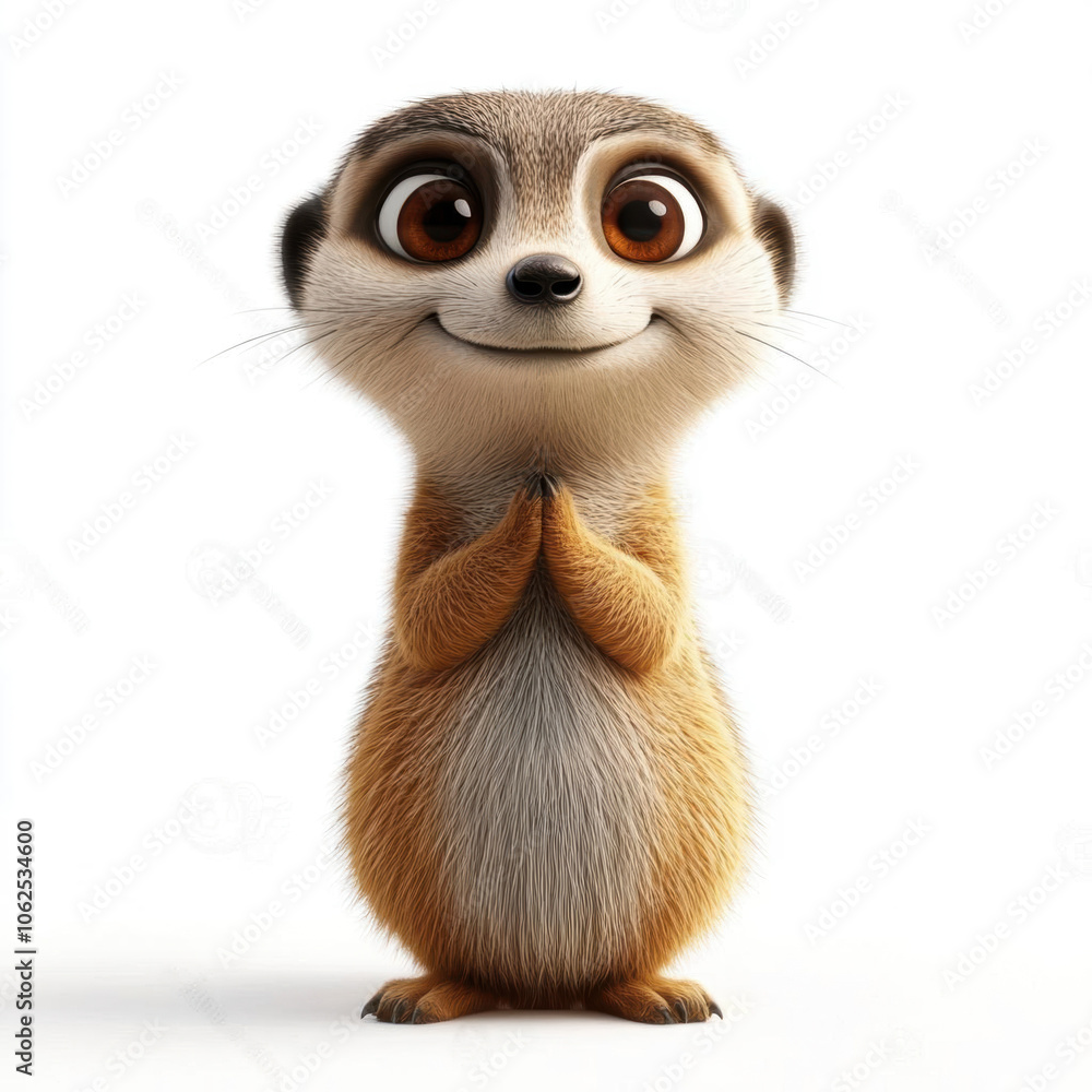 A cute, animated meerkat stands with a cheerful expression, hands clasped, exuding friendliness and charm. A cute, animated meerkat stands with a cheerful expression, hands clasped, exuding friendliness and charm.