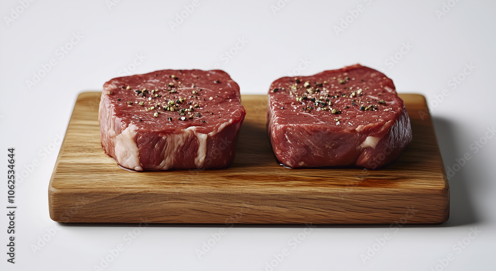 Two raw beef steaks on a wooden board, isolated against a white background. Two raw beef steaks on a wooden board, isolated against a white background.
