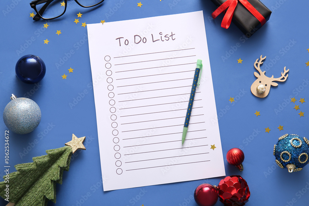 Obraz premium Blank to-do list with Christmas decor on blue background