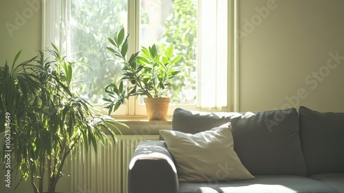 A large couch with a plant in a pot on the window sill