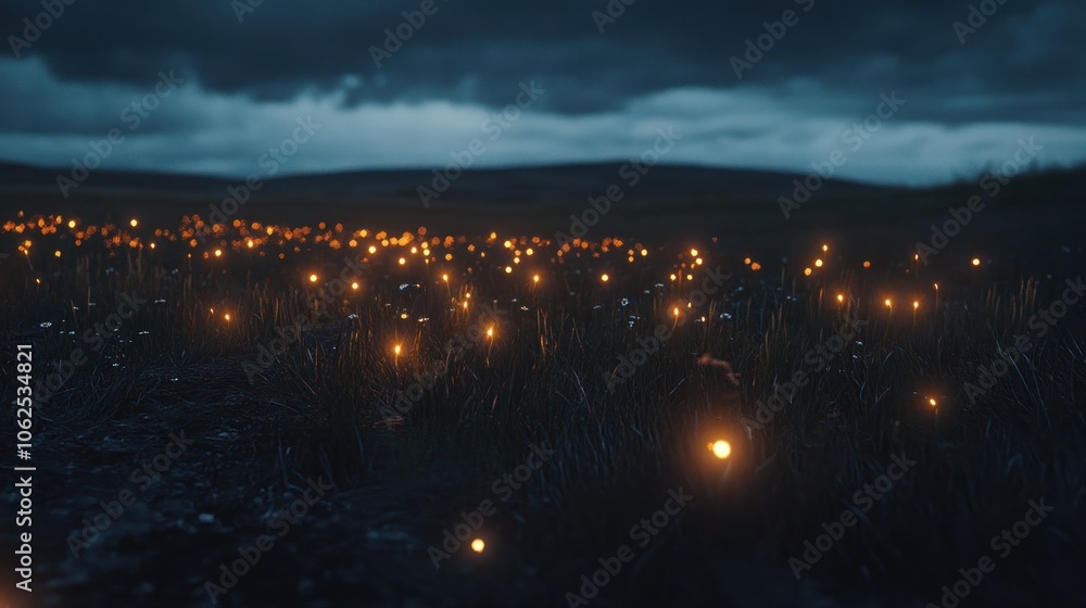 Obraz premium A field of glowing fireflies at night under a dark cloudy sky.