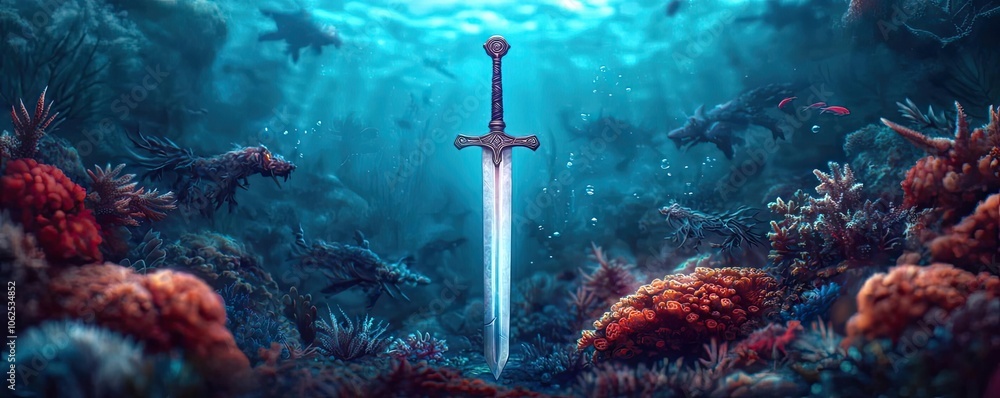 Naklejka premium Sword submerged in vibrant coral reef, underwater scene, peaceful marine environment.