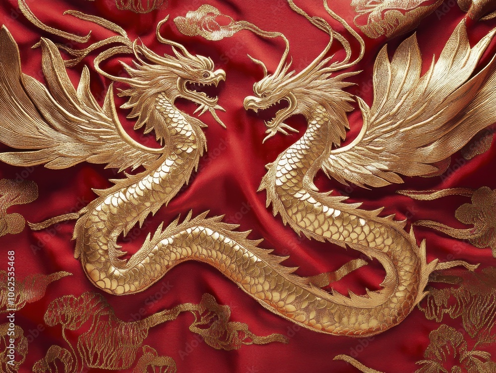 Obraz premium Detailed gold embroidery of two powerful dragons on vibrant red fabric, representing strength and authority in Chinese tradition.