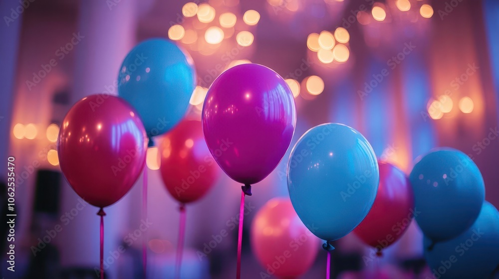 Birthday party setup with vibrant balloons, dynamic lighting, soft glow, festive decorations, photo-realistic Birthday party setup with vibrant balloons, dynamic lighting, soft glow, festive decorations, photo-realistic