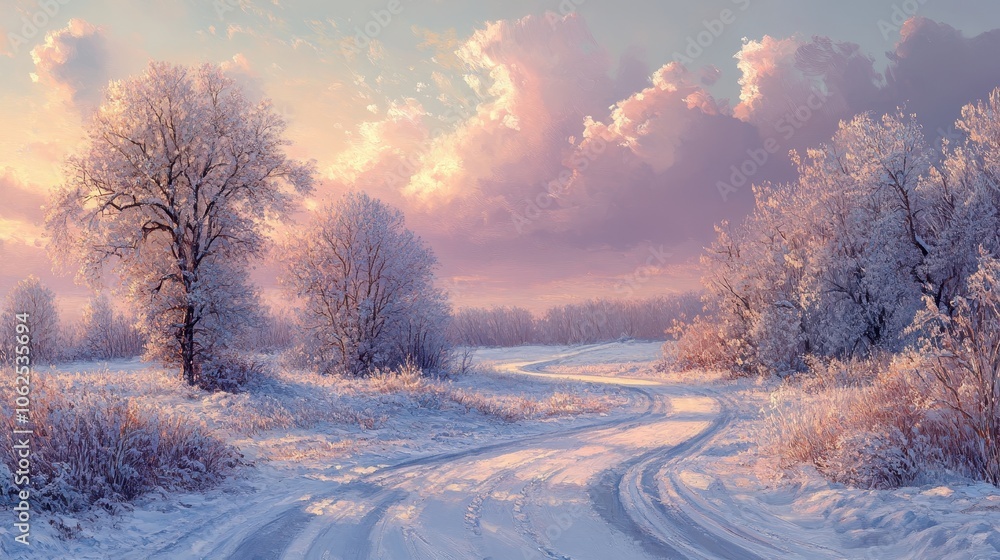 Obraz premium Serene winter landscape with a winding road and frosted trees under a soft pastel sky, evoking tranquility and natural beauty.