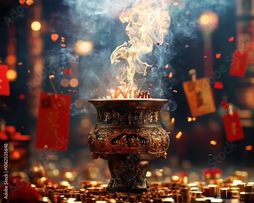 Ornate incense burner emitting smoke surrounded by red envelopes, coins, and festive decorations, symbolizing Chinese culture and spirituality.