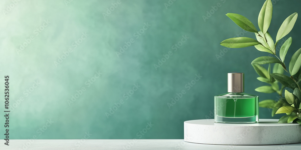 Green perfume bottle with silver cap on white pedestal, surrounded by leaves, evoking freshness and nature Green perfume bottle with silver cap on white pedestal, surrounded by leaves, evoking freshness and nature