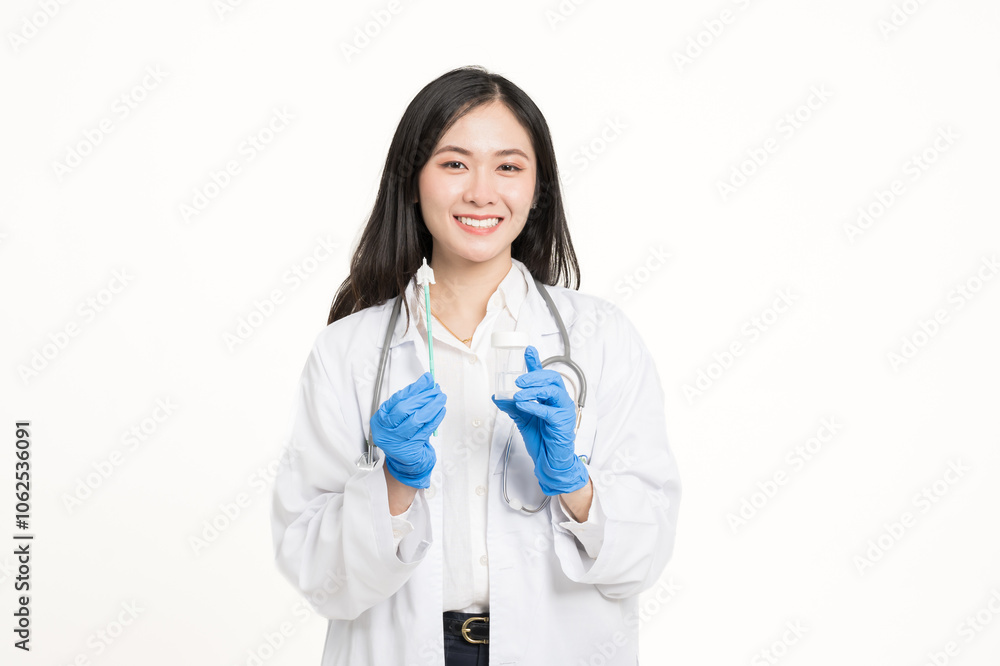 Asian woman doctor holding liquid base cytology set isolated on white background.Gynecologist working for vaginal and cervix pap smear patient in obstetrics and gynecology department.Medical concept. Asian woman doctor holding liquid base cytology set isolated on white background.Gynecologist working for vaginal and cervix pap smear patient in obstetrics and gynecology department.Medical concept.