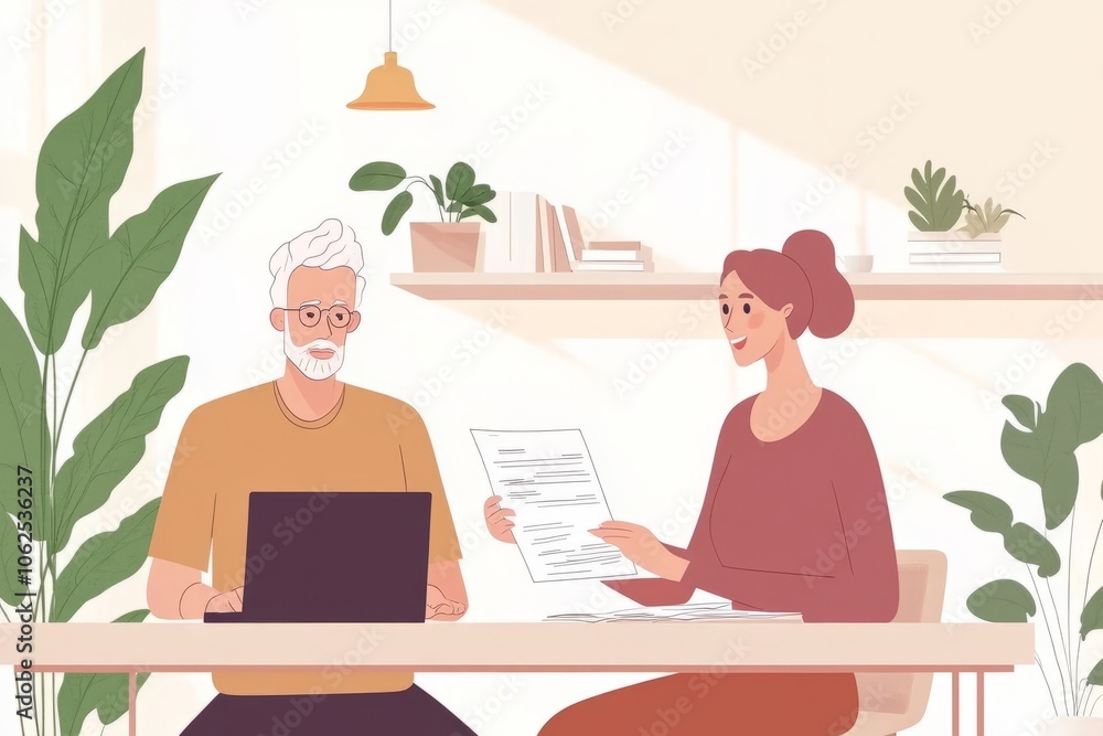 Senior couple reviewing finances at home with a laptop, discussing documents together. Senior couple reviewing finances at home with a laptop, discussing documents together.