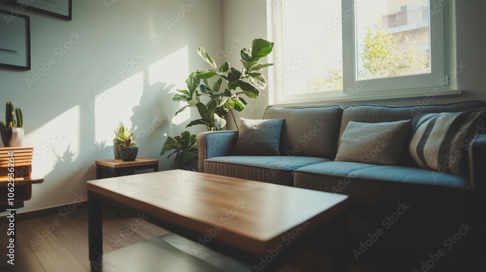 A living room with a couch, a coffee table, and a potted plant A living room with a couch, a coffee table, and a potted plant