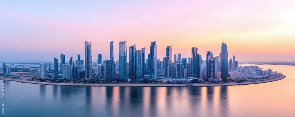 Obraz premium Panoramic view of a modern skyline at sunset reflecting on water.
