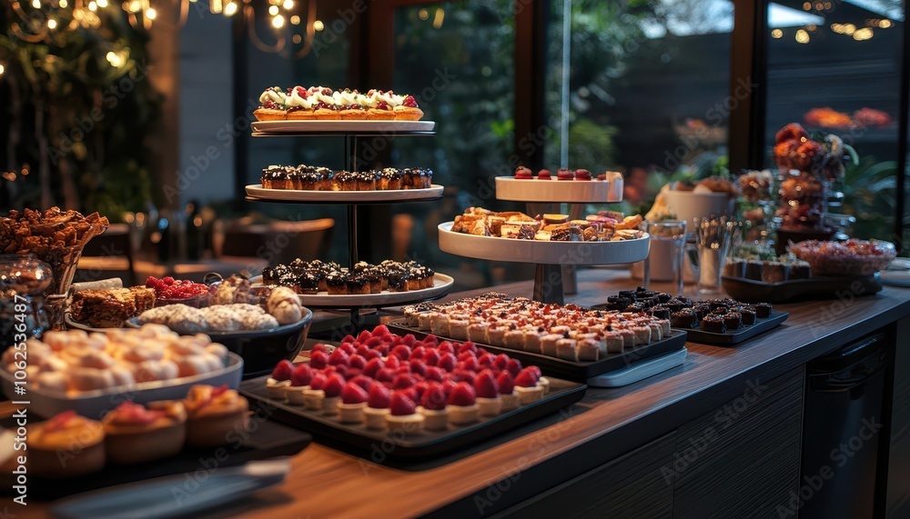 Dessert table spread with vibrant treats, soft lighting, sleek modern kitchen, cozy atmosphere, festive vibe Dessert table spread with vibrant treats, soft lighting, sleek modern kitchen, cozy atmosphere, festive vibe
