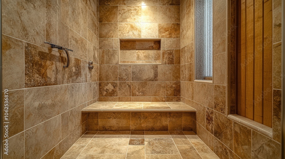 A small bathroom with a bench and a shower A small bathroom with a bench and a shower