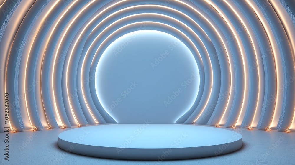 Fototapeta premium Circular Platform with Luminous Arcs in a White Room