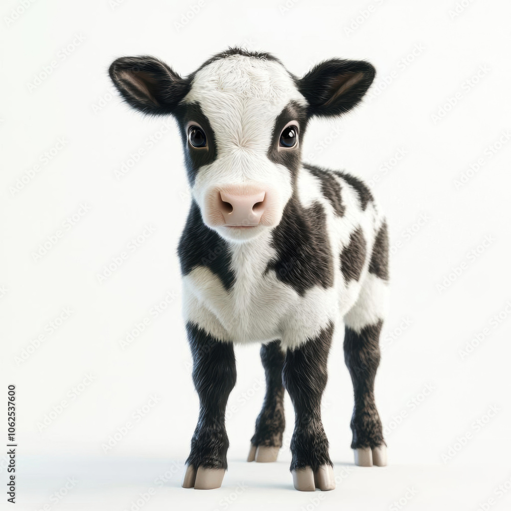 A cute, realistic black-and-white calf standing upright, looking curiously at the viewer. A cute, realistic black-and-white calf standing upright, looking curiously at the viewer.