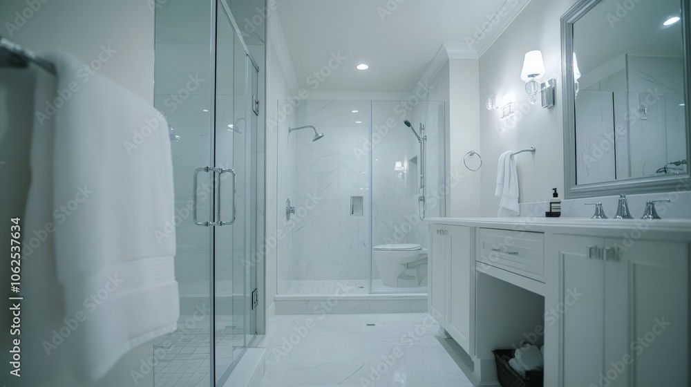 A bathroom with a white shower stall and a white towel hanging on the rack A bathroom with a white shower stall and a white towel hanging on the rack