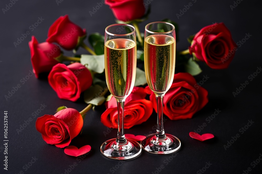 Romantic Champagne Glasses and Red Roses on Dark Surface.generative AI
Romantic Champagne Glasses and Red Roses on Dark Surface.generative AI