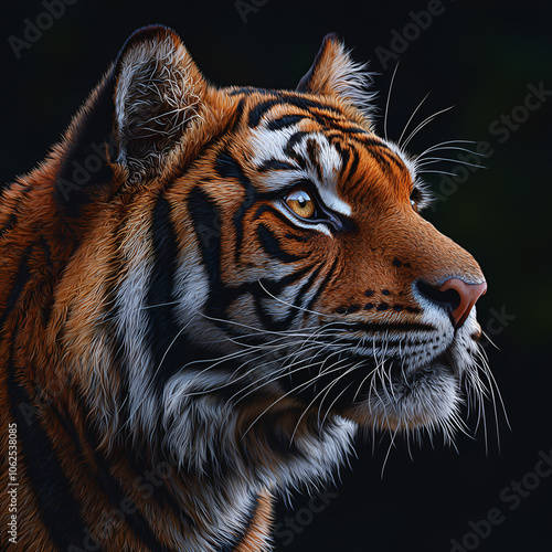 Powerful tiger profile with intense gaze, detailed fur in dramatic lighting.
 photo