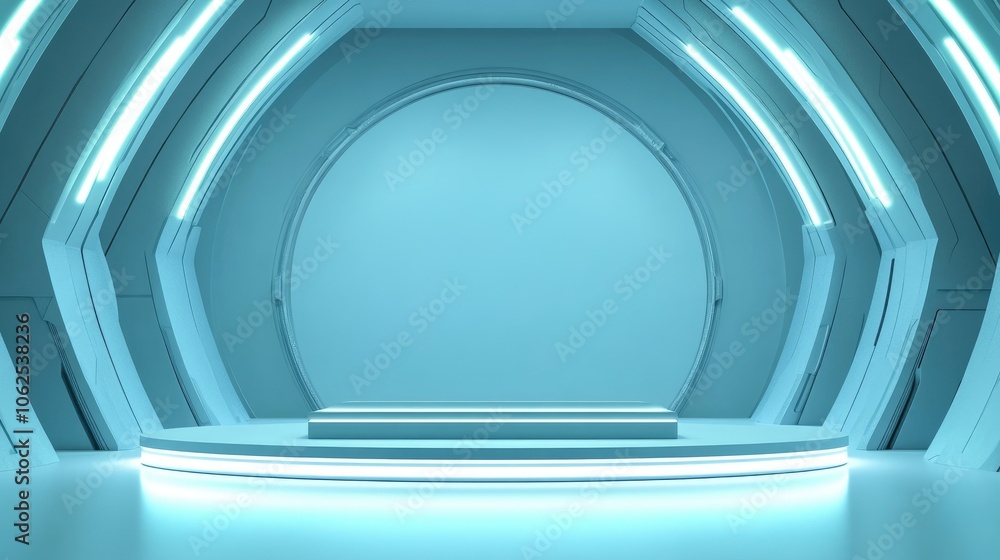 Futuristic Platform With Neon Lights in a Curved Room Futuristic Platform With Neon Lights in a Curved Room