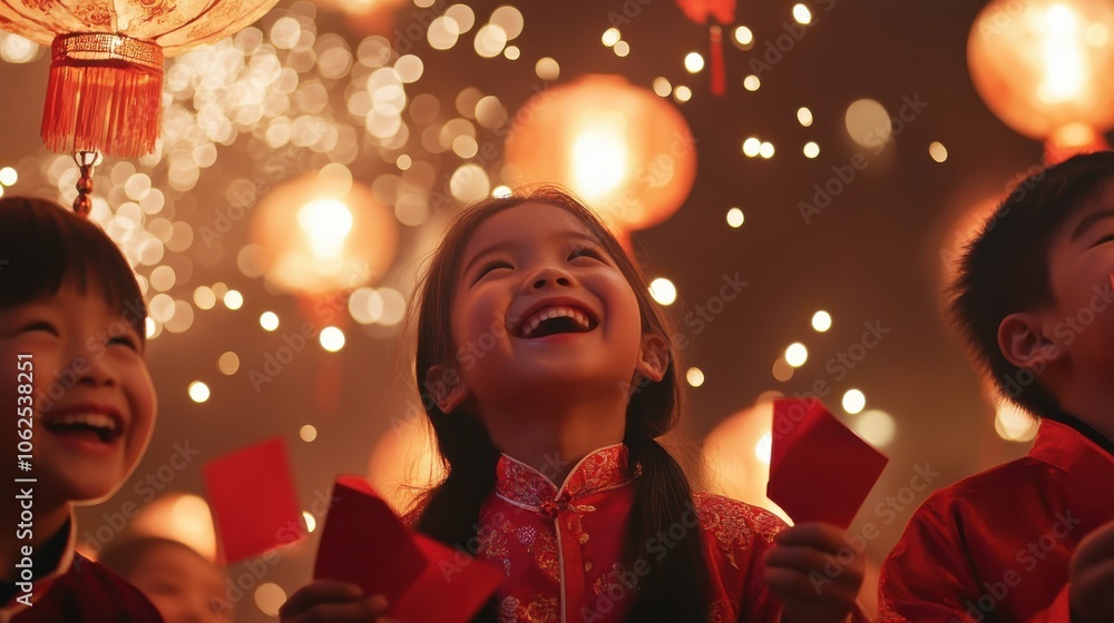 Joyful children in traditional attire holding red envelopes, surrounded by festive lanterns and sparkles, celebrating the Lantern Festival. Joyful children in traditional attire holding red envelopes, surrounded by festive lanterns and sparkles, celebrating the Lantern Festival.